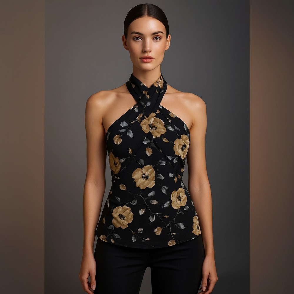 Anthropologie Shirt Womens Large Black Floral Tieneck Shirred Halter Top Y2K NEW - Picture 1 of 11